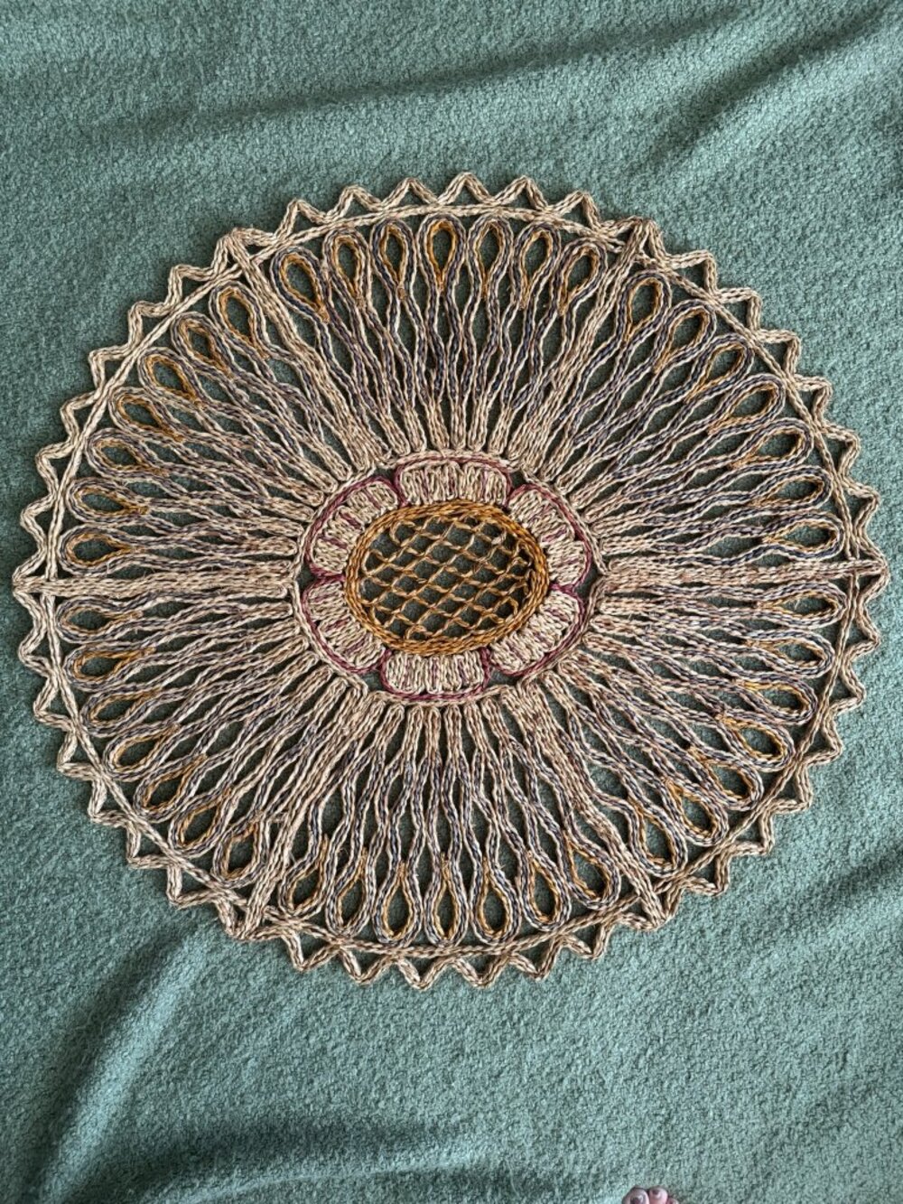 Vintage Jute Sunflower Oval Rug or Wall Tapestry